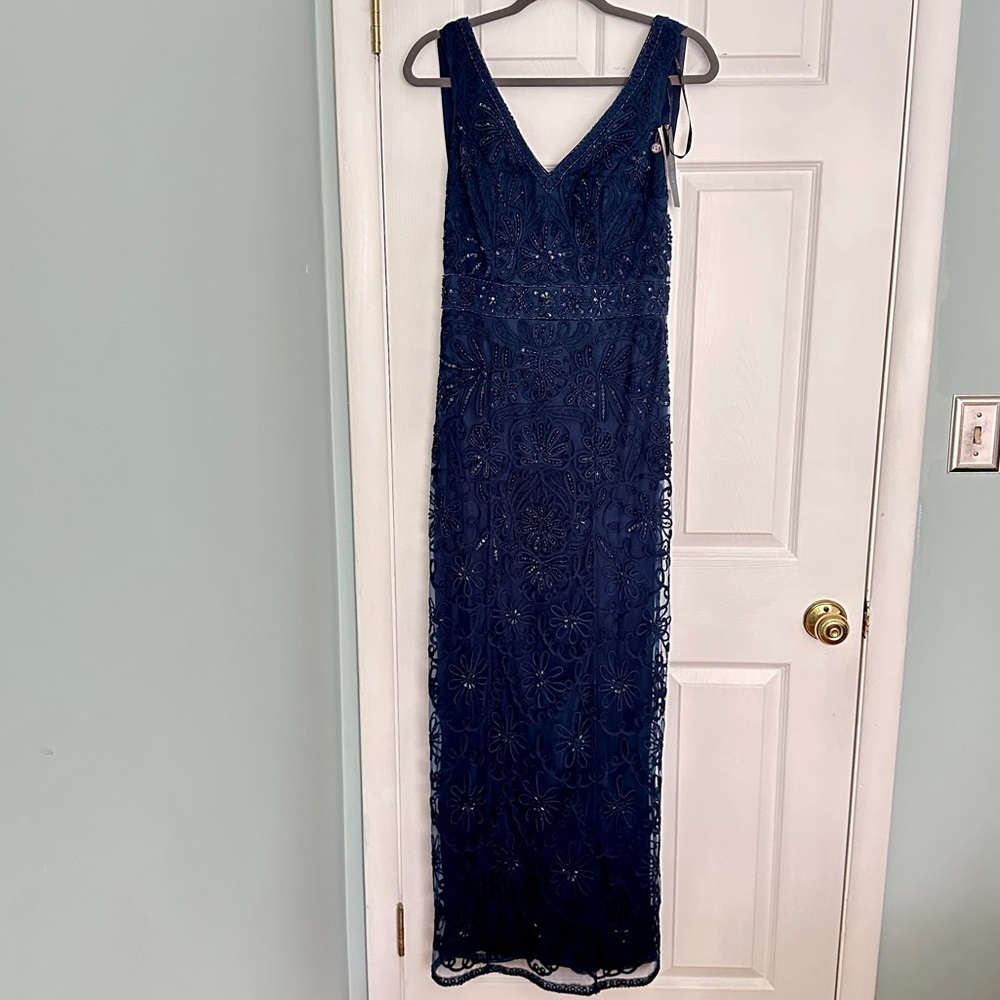 NWT Sue Wong Ribbon Embellished Cowl Evening Dress in navy blue, size 10